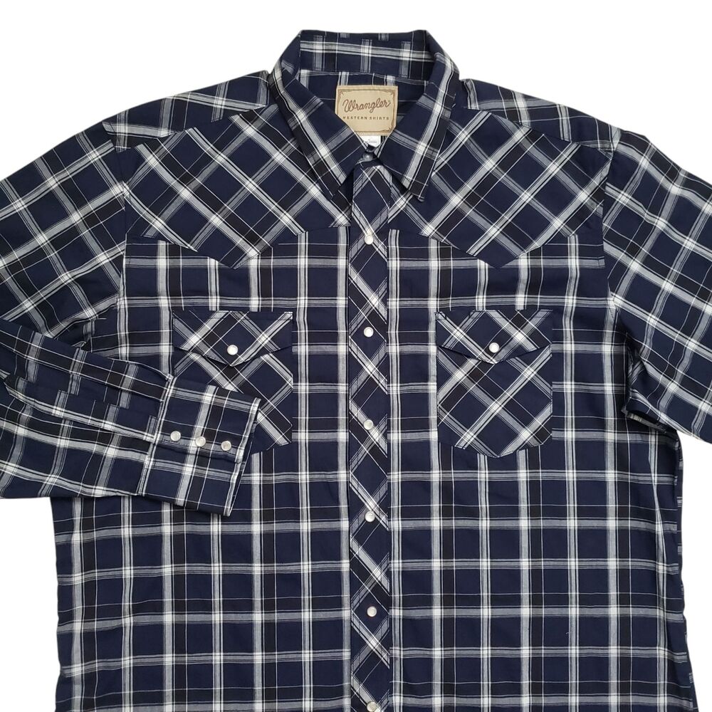 Wrangler Western Pearl Snap Shirt Mens XL Blue Plaid Long Sleeve Cowboy Outdoor - Picture 2 of 13